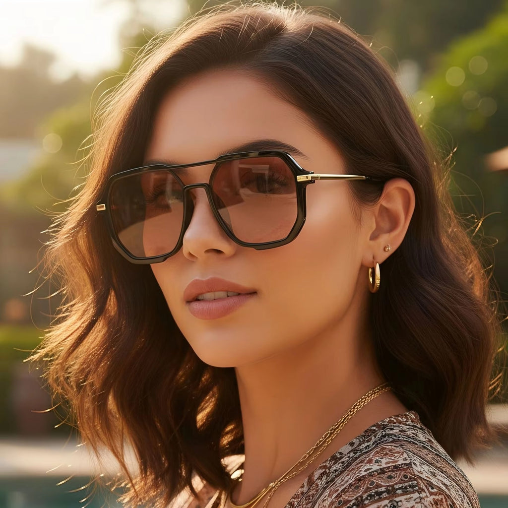 Fashion Double Bridge Retro UV 400 Protection Shades Oversized Square Pilot Sunglasses for Women
