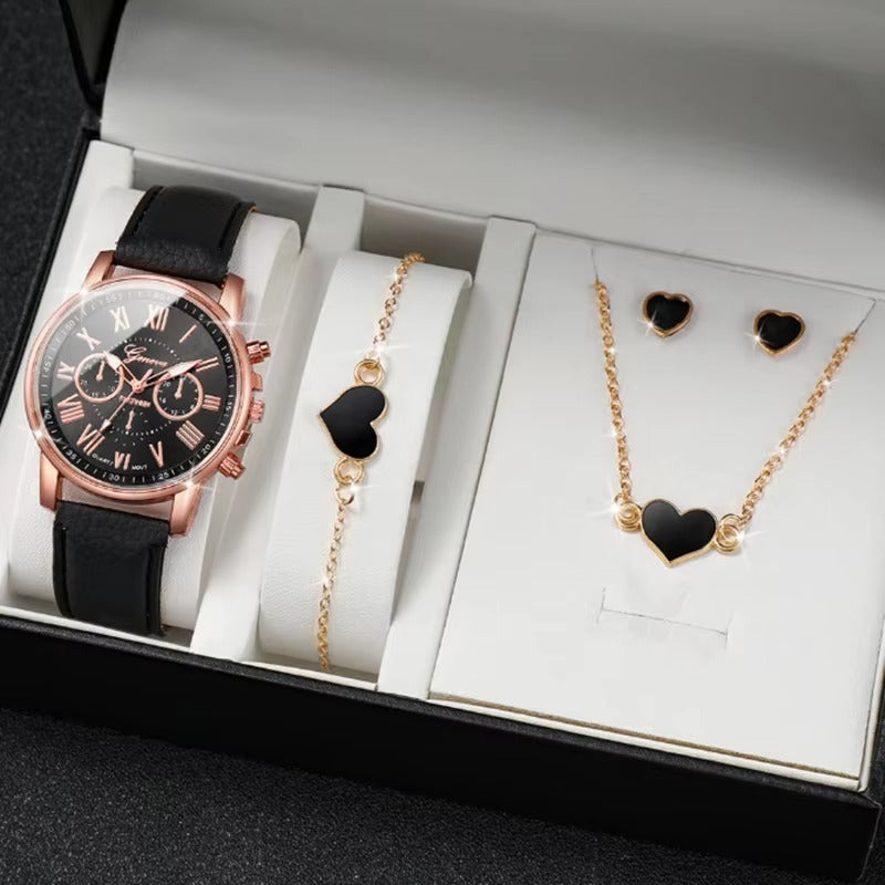 Luxury 5 Pcs / Set Low MOQ Watch Necklaces Earrings Rings Bracelets Set Gift Women Round Pointer Quartz Watches for Ladies