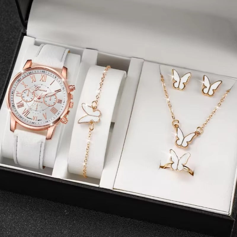 Luxury 5 Pcs / Set Low MOQ Watch Necklaces Earrings Rings Bracelets Set Gift Women Round Pointer Quartz Watches for Ladies