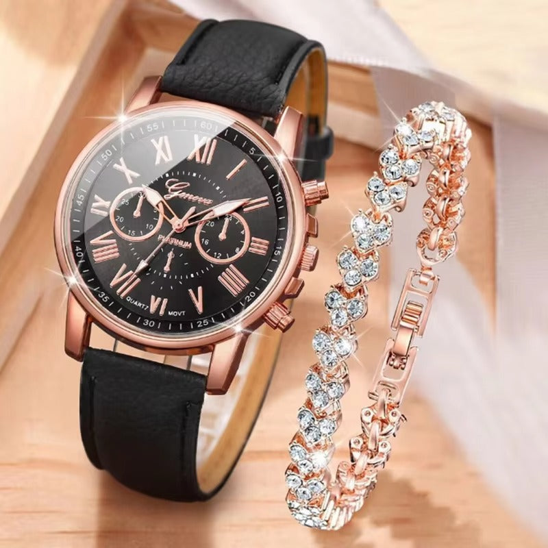 Luxury 5 Pcs / Set Low MOQ Watch Necklaces Earrings Rings Bracelets Set Gift Women Round Pointer Quartz Watches for Ladies
