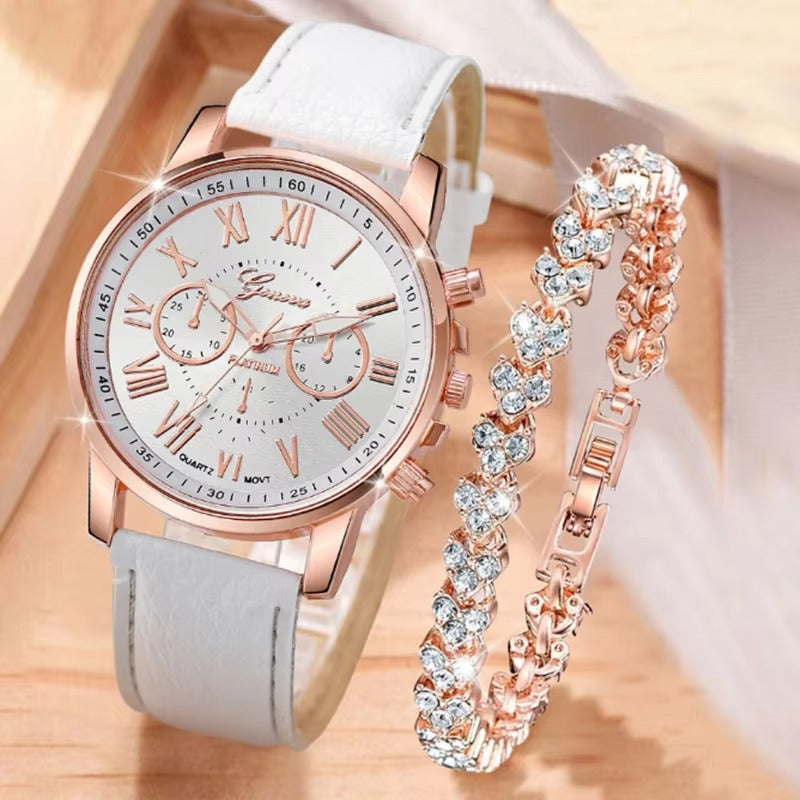 Luxury 5 Pcs / Set Low MOQ Watch Necklaces Earrings Rings Bracelets Set Gift Women Round Pointer Quartz Watches for Ladies