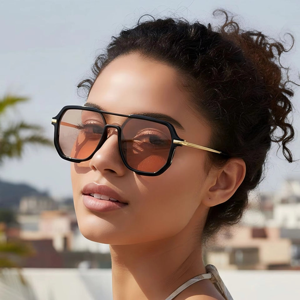 Fashion Double Bridge Retro UV 400 Protection Shades Oversized Square Pilot Sunglasses for Women