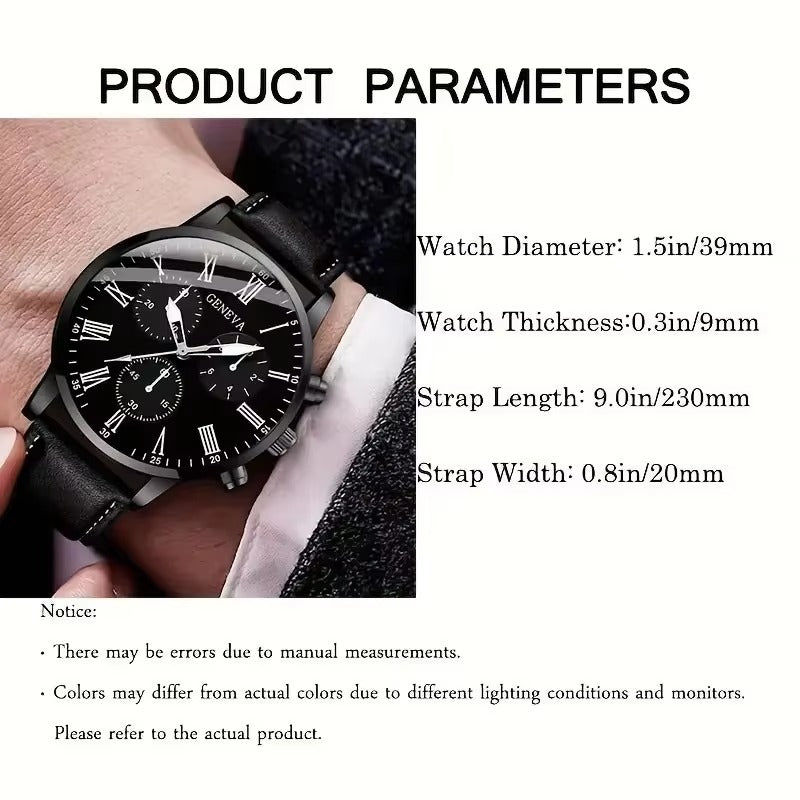 Fashion Black Men Set Casual Quartz Wrist Watches with Bracelet Chain Montres Homme Leather Band Wristwatch for Man Relojes