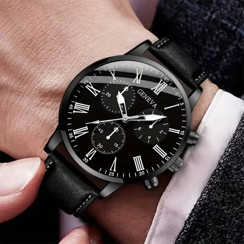 Fashion Black Men Set Casual Quartz Wrist Watches with Bracelet Chain Montres Homme Leather Band Wristwatch for Man Relojes