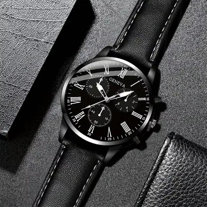 Fashion Black Men Set Casual Quartz Wrist Watches with Bracelet Chain Montres Homme Leather Band Wristwatch for Man Relojes
