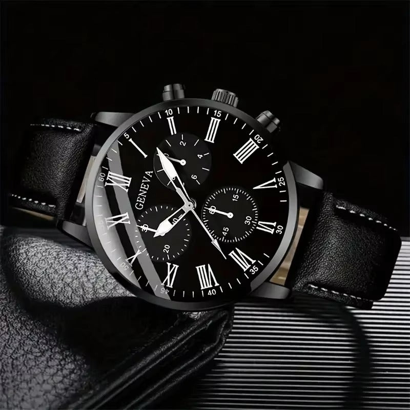 Fashion Black Men Set Casual Quartz Wrist Watches with Bracelet Chain Montres Homme Leather Band Wristwatch for Man Relojes