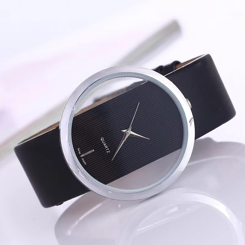 Fashion Simple Retro Ladies Sports Watch Unisex Luxury PU Transparent Hollow Quartz Casual Wrist Watch for Men