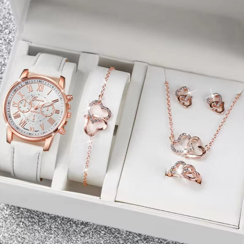 Luxury 5 Pcs / Set Low MOQ Watch Necklaces Earrings Rings Bracelets Set Gift Women Round Pointer Quartz Watches for Ladies
