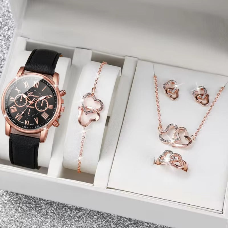 Luxury 5 Pcs / Set Low MOQ Watch Necklaces Earrings Rings Bracelets Set Gift Women Round Pointer Quartz Watches for Ladies