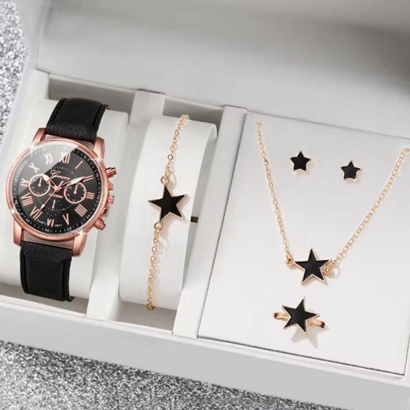Luxury 5 Pcs / Set Low MOQ Watch Necklaces Earrings Rings Bracelets Set Gift Women Round Pointer Quartz Watches for Ladies