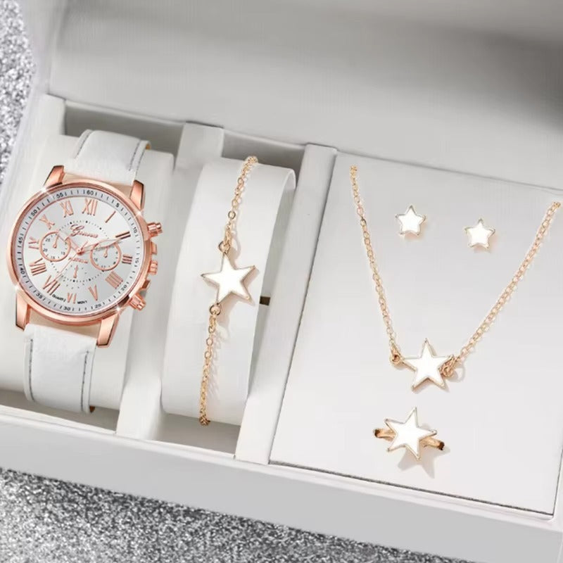 Luxury 5 Pcs / Set Low MOQ Watch Necklaces Earrings Rings Bracelets Set Gift Women Round Pointer Quartz Watches for Ladies