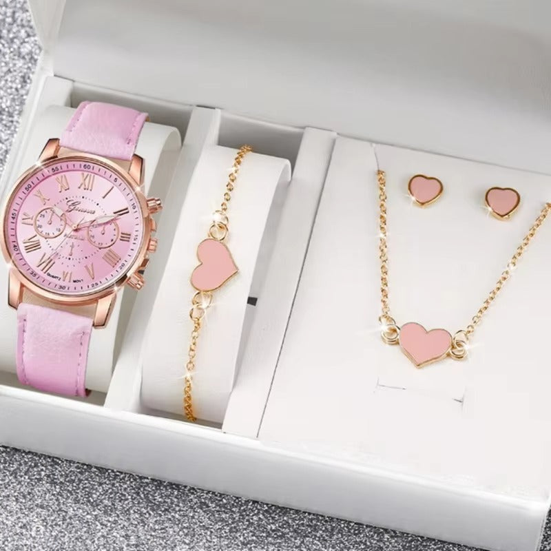 Luxury 5 Pcs / Set Low MOQ Watch Necklaces Earrings Rings Bracelets Set Gift Women Round Pointer Quartz Watches for Ladies