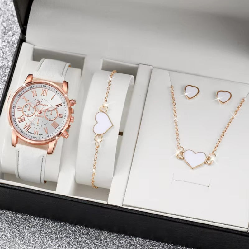 Luxury 5 Pcs / Set Low MOQ Watch Necklaces Earrings Rings Bracelets Set Gift Women Round Pointer Quartz Watches for Ladies