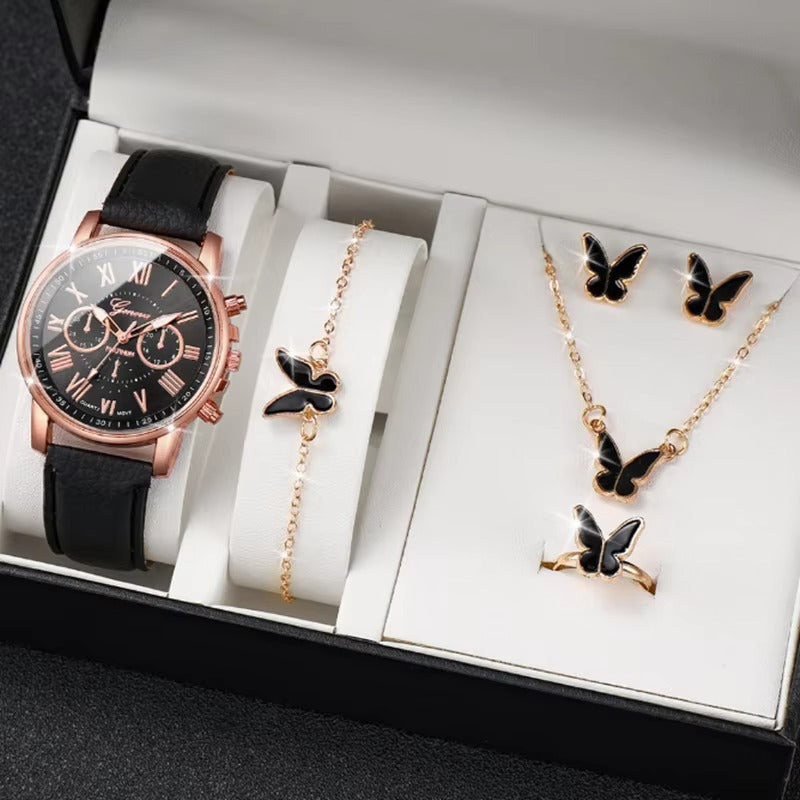 Luxury 5 Pcs / Set Low MOQ Watch Necklaces Earrings Rings Bracelets Set Gift Women Round Pointer Quartz Watches for Ladies