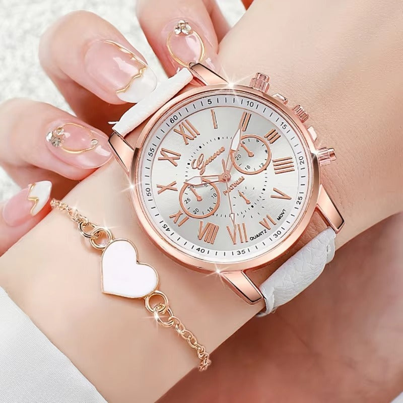 Luxury 5 Pcs / Set Low MOQ Watch Necklaces Earrings Rings Bracelets Set Gift Women Round Pointer Quartz Watches for Ladies