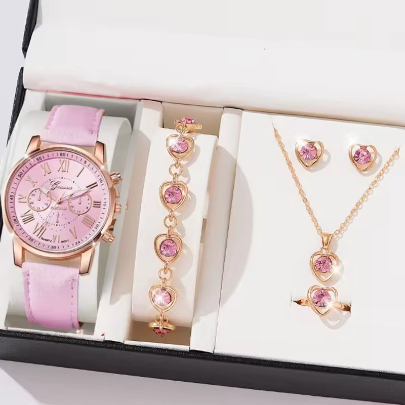 Luxury 5 Pcs / Set Low MOQ Watch Necklaces Earrings Rings Bracelets Set Gift Women Round Pointer Quartz Watches for Ladies