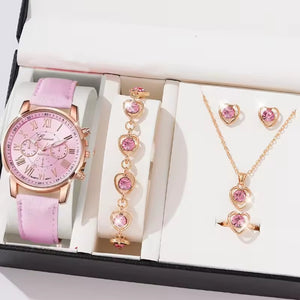 Luxury 5 Pcs / Set Low MOQ Watch Necklaces Earrings Rings Bracelets Set Gift Women Round Pointer Quartz Watches for Ladies